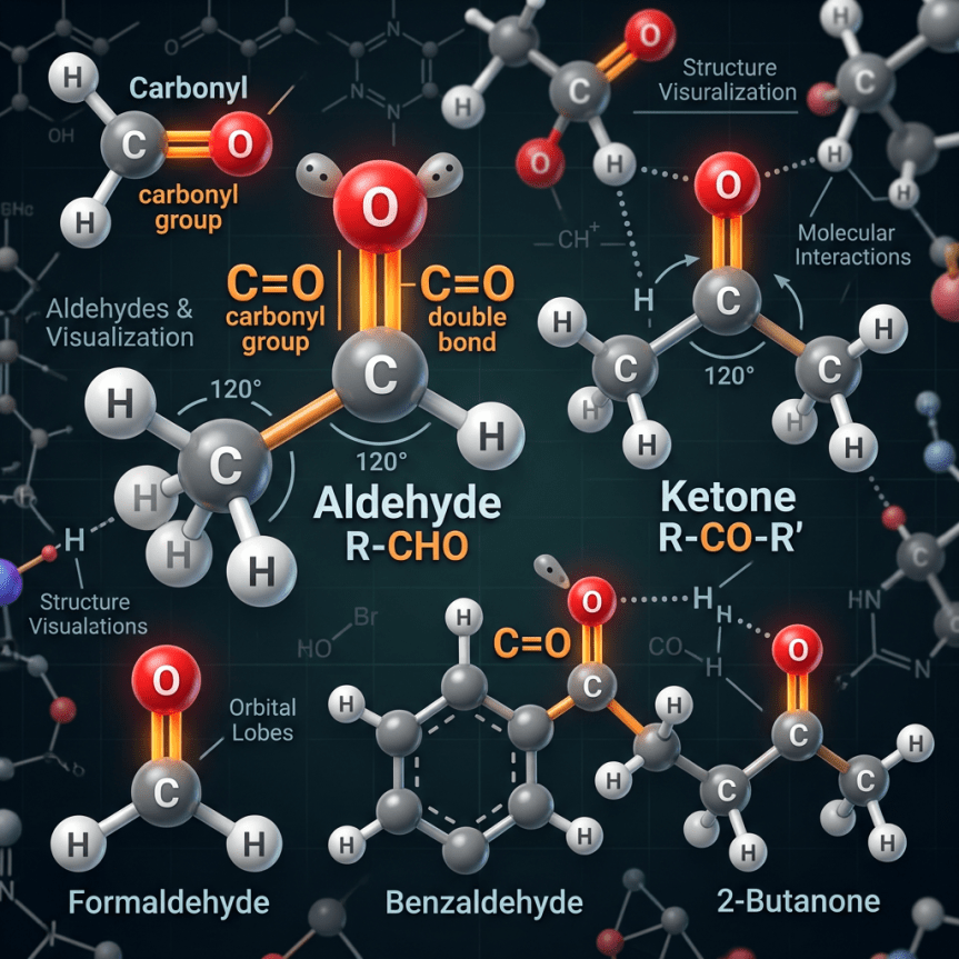 Molecular structures of aldehydes and ketones showing carbonyl groups with double-bonded oxygen atoms